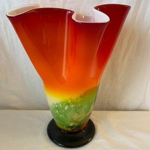 Vintage Multicolor Handkerchief Art Glass Vase 10" Tall Green Yellow Orange Red